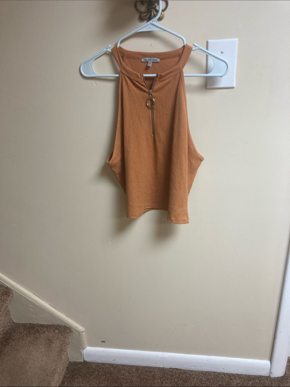 Charlotte Russe Ribbed Halter Crop Tank in Rust Orange with Front Ring Zipper